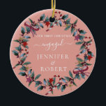 Adorno De Cerámica Primera Wreath de fotos entrelazadas de Navidad<br><div class="desc">El ornamento romántico para pareja casada o casada presenta hermosas flores de Navidad. Puede agregar fácilmente su foto a un lado del adorno,  y sus nombres al otro lado del ornamento,  y cambiar el color de fondo si lo desea.</div>