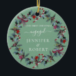 Adorno De Cerámica Primera Wreath verde sabia de Navidad comprometida<br><div class="desc">El ornamento romántico para pareja casada o casada presenta hermosas flores de Navidad. Puede cambiar el color de fondo si lo desea.</div>