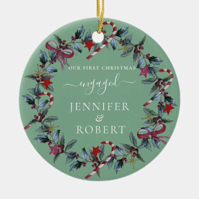 Adorno De Cerámica Primera Wreath verde sabia de Navidad comprometida (Frente)