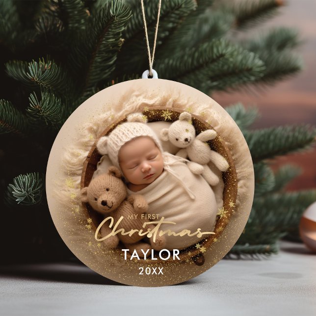 Adorno De Cerámica Primeras estadísticas de bebés con copas de nieve  (Baby's First Christmas Gold Snowflakes Baby Stats Ceramic Ornament)