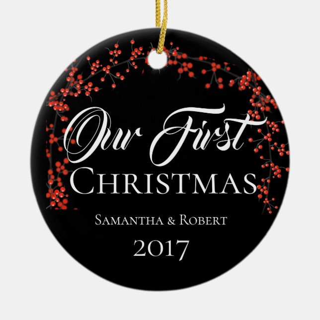 Adorno De Cerámica Primeras Navidades con fecha de nombre (Frente)