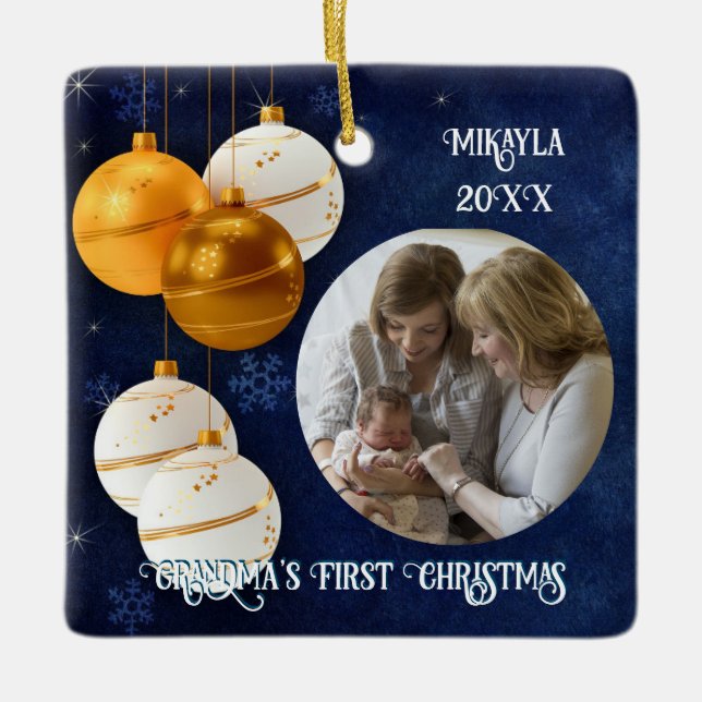 Adorno De Cerámica Primeras Navidades de los Abuelos Azul, Oro y Blan (Anverso)