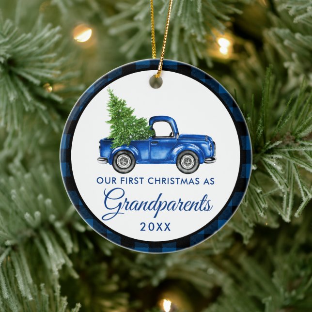 Adorno De Cerámica Primeros abuelos de Navidad Camión Blue Plaid (Árbol)