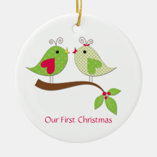 Adorno De Cerámica Primeros LoveBirds de lunares verdes de Navidad en