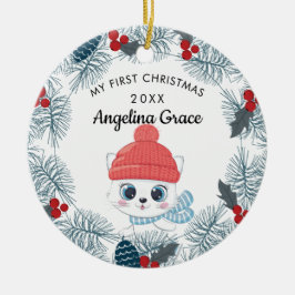 Adorno De Cerámica Primeros Navidades del bebé gato de esquí