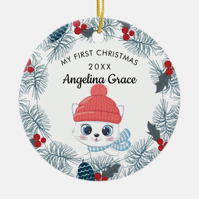 Adorno De Cerámica Primeros Navidades del bebé gato de esquí (Frente)