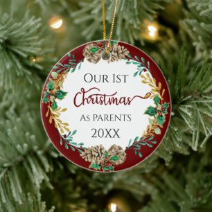 Adorno De Cerámica Primeros padres de Navidad Holly Pine Cone Leaf Fo