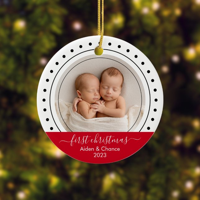 Adorno De Cerámica Primeros puntos negros, blancos y rojos de Navidad (Custom Twins Ornament)