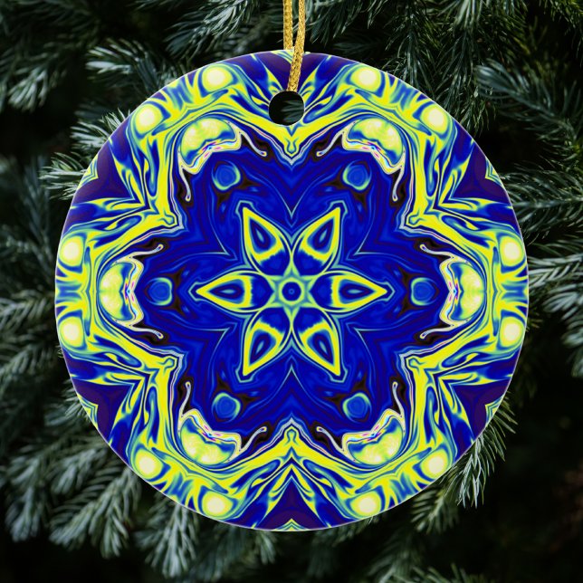 Adorno De Cerámica Psicodelia Mandala Flor azul y amarillo (Subido por el creador)