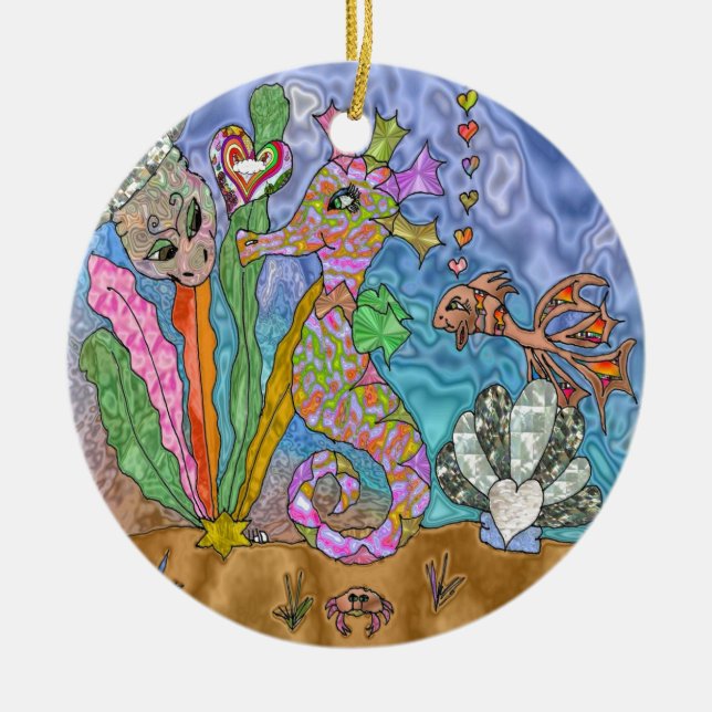 Adorno De Cerámica Psicodelia Seahorse Sea Turtle Art (Frente)