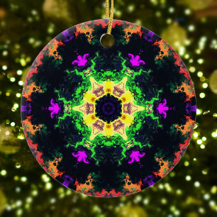 Adorno De Cerámica Psicodélico Mandala flor morado verde y amarillo