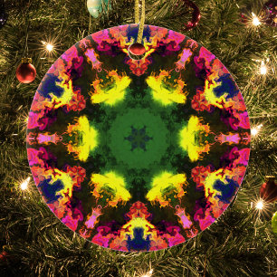 Adorno De Cerámica Psicodélico Mandala Flor rosa amarillo y verde