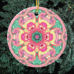 Adorno De Cerámica Psicodélico Mandala Flor Rosa Verde y Amarillo