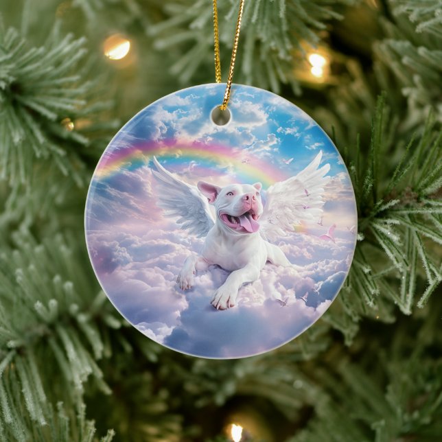 Adorno De Cerámica Puente arcoiris, perro blanco en el cielo (Árbol)