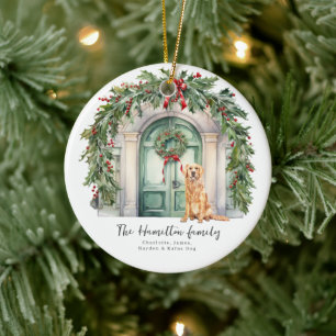 Adorno De Cerámica Puerta Delantera Con Navidades De Golden Retriever