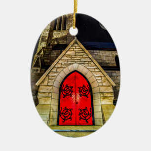 Adorno De Cerámica Puerta roja a la iglesia con la luna