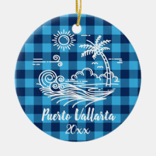 Adorno De Cerámica Puerto Vallarta Blue Buffalo Check Christmas