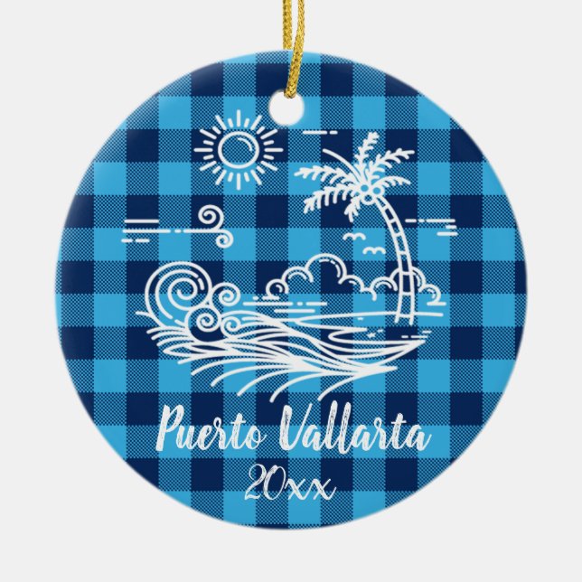 Adorno De Cerámica Puerto Vallarta Blue Buffalo Check Christmas (Frente)