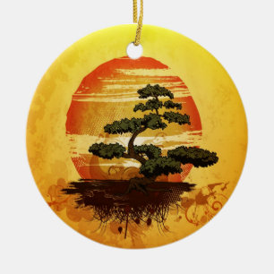 Adorno De Cerámica Puesta del sol japonesa del árbol de los bonsais