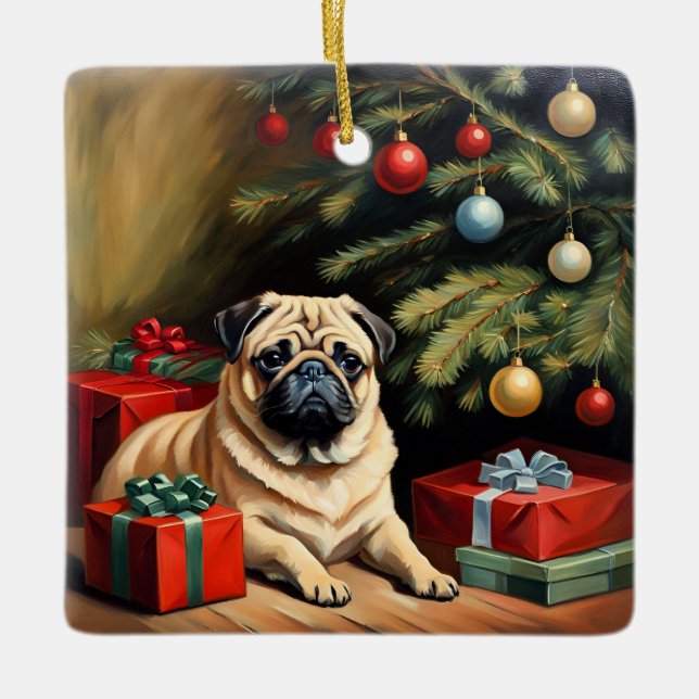 Adorno De Cerámica Pug celebra a los Navidades (Anverso)