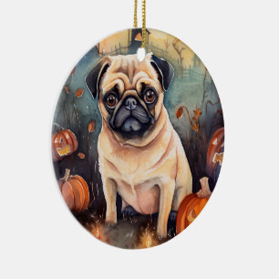 Adorno De Cerámica Pug de Halloween con calabazas espeluznante