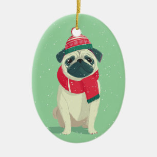 Adorno De Cerámica Pug de Navidad de 1950