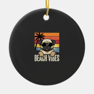 Adorno De Cerámica Pug de Perro Vibraciones de la Playa Puesta del So