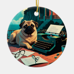 Adorno De Cerámica Pug Dog caballero vintage