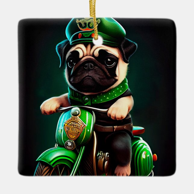 Adorno De Cerámica Pug Dog Driving Bike St. (Anverso)