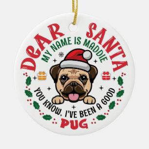 Adorno De Cerámica Pug Dog Santa personalizada Ronda de árbol de Navi