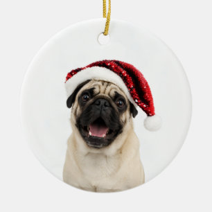 Adorno De Cerámica Pug Feliz con Sombrero Rojo Brillante de Santa Nav