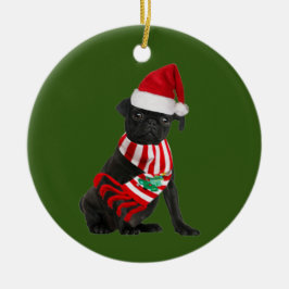 Adorno De Cerámica Pug Negro Con Navidades De Gorras Scaft