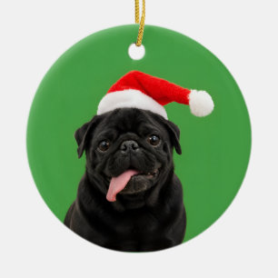 Adorno De Cerámica Pug Negro Divertido Sombrero de Santa Lengua Fuera
