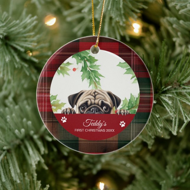 Adorno De Cerámica Pug Personalizado de Navidad (Árbol)