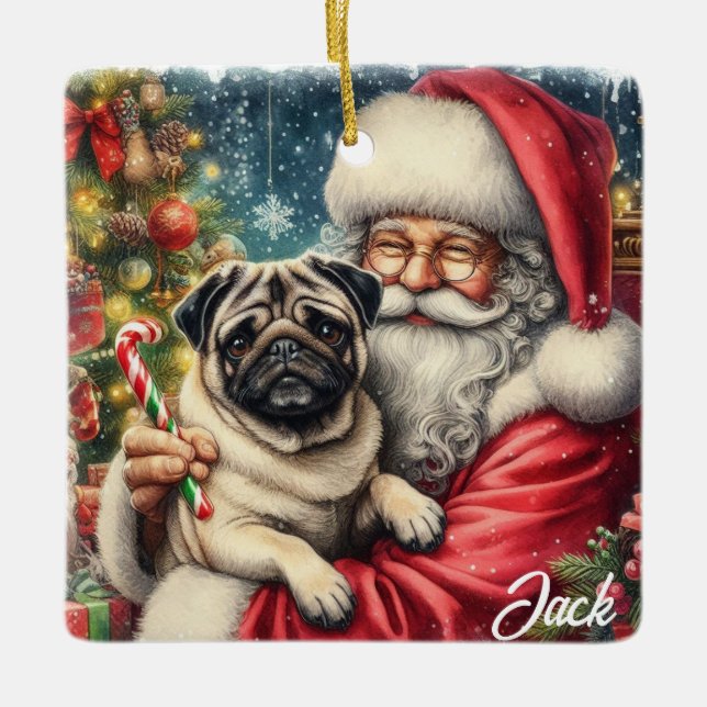 Adorno De Cerámica Pug ventilado personalizado con Santa (Anverso)