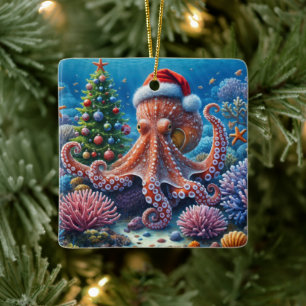 Adorno De Cerámica Pulpo de Navidad con sombrero de Santa