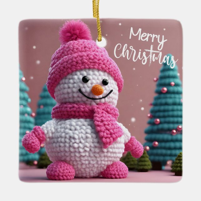 Adorno De Cerámica Punto de polka rosa y blanco: nieve (Anverso)