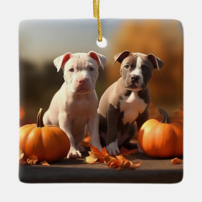 Adorno De Cerámica Puppy Pitbull Calabaza deslumbrante de otoño (Anverso)