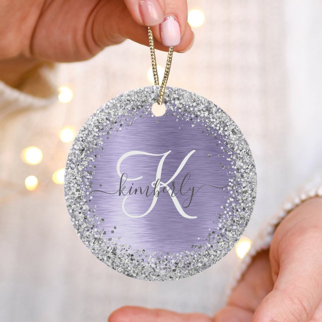 Adorno De Cerámica Purple Brushed Metal Silver Glitter Monogram Name (Subido por el creador)