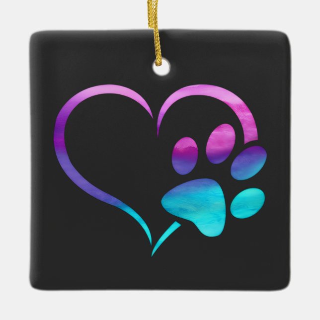Adorno De Cerámica Purple Cyan Dog paw Print Heart  (Anverso)