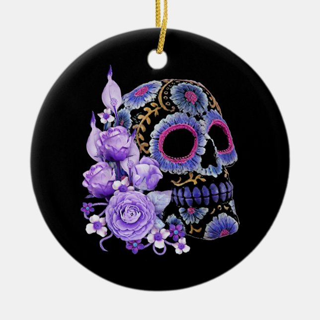 Adorno De Cerámica Purple Floral Black Sugar Skull (Frente)