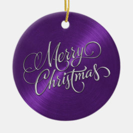 Adorno De Cerámica Purple Sheen y Silver Feliz Navidad