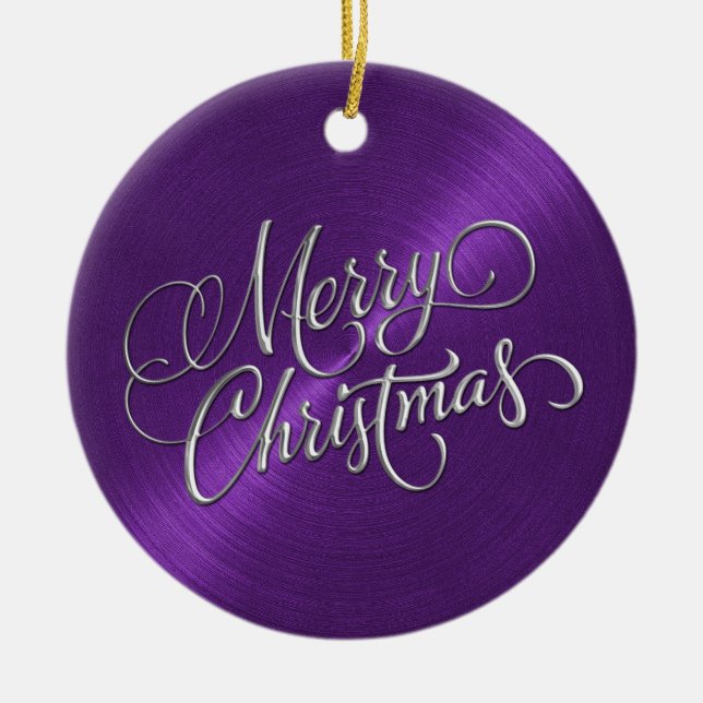 Adorno De Cerámica Purple Sheen y Silver Feliz Navidad (Frente)