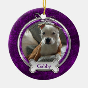 Adorno De Cerámica Purple Silver Ribbon Pet Photo Christmas Ornament