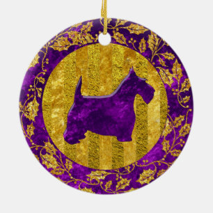 Adorno De Cerámica Púrpura del oro de Terrier del escocés