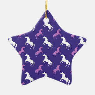 Adorno De Cerámica Púrpura Violeta y Caballo Blanco; Ecuestre