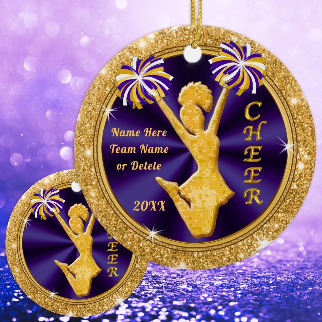Adorno De Cerámica Púrpura y oro, Navidades del equipo de Cheke Regal (Personalized Cheer Ornaments. Nice, Cheerleading Christmas Gifts, for Girls. Cheer Squad Gifts.)