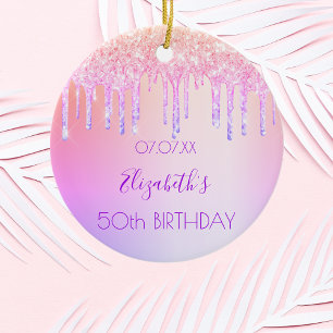 Adorno De Cerámica Purpurina arcoíris de cumpleaños púrpura rosa 50 c