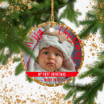 Adorno De Cerámica Purpurina de oro de los Navidades del primer bebé<br><div class="desc">¡Te hice esta plantilla con tanta alegría para que puedas reemplazarla fácilmente con la foto de tu bebé y disfrutar de este adorable adorno de cerámica purpurina dorada en tu árbol de Navidad o dártelo como un regalo a los abuelos u otros parientes y amigos! Si necesitas ayuda, no dudes...</div>