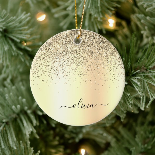 Adorno De Cerámica Purpurina de oro Monograma Metalizado Nombre de Gl (Árbol)